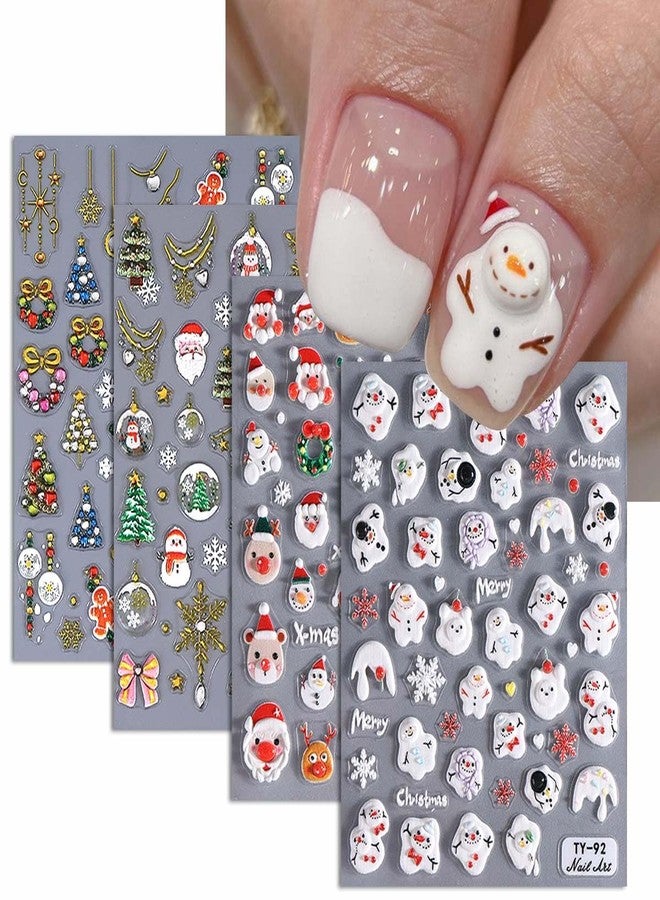 SWEET TREND Cute Christmas Nail Art Stickers – 4 Sheets 3D Embossed Santa Snowman Reindeer Christmas Tree Self Adhesive Nail Decals for Women - DIY Holiday Nail Decoration at Home - Image 1